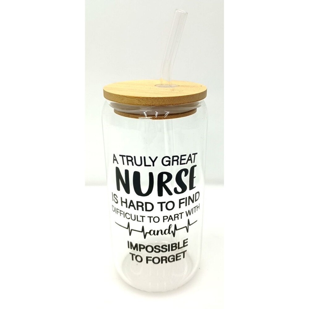 Nurse 16oz Glass Tumbler Cup w Bamboo Lid & Straw Nursing Gift